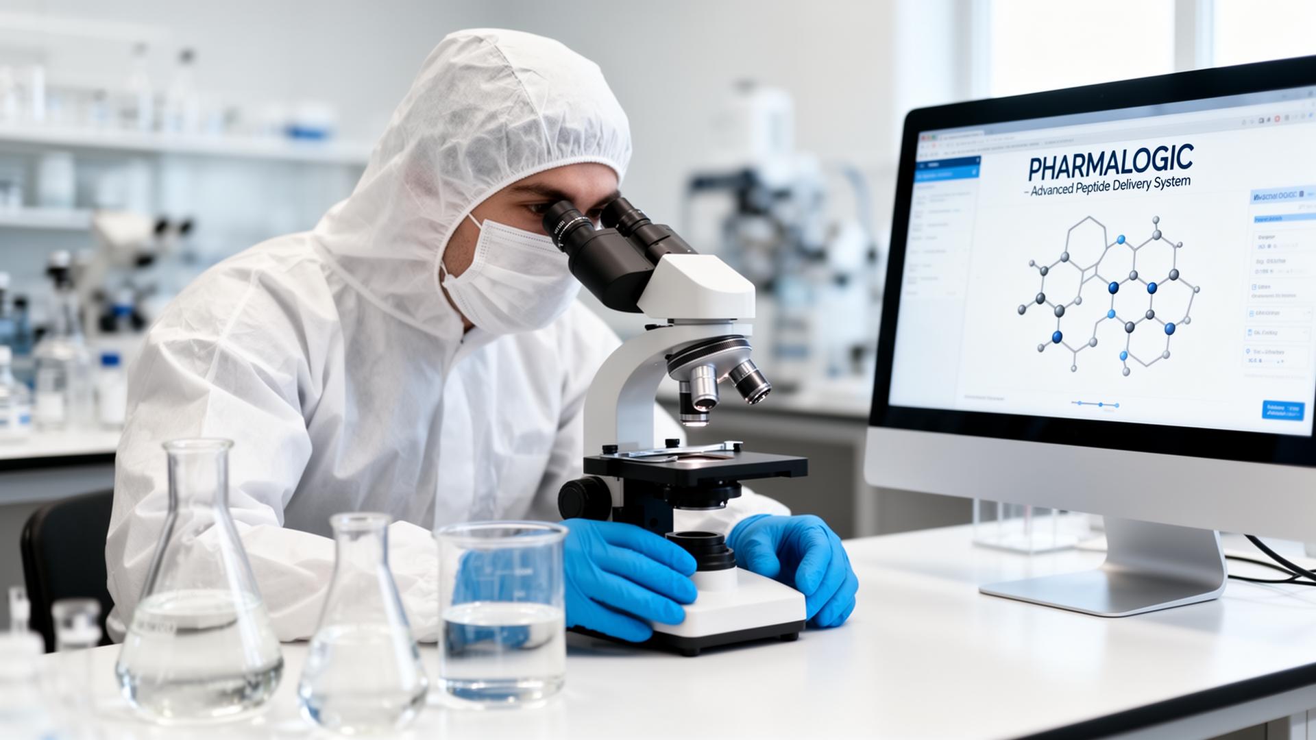 Pharmalogic® scientist in sterile coverall using a microscope beside a monitor displaying the Pharmalogic® peptide delivery interface.