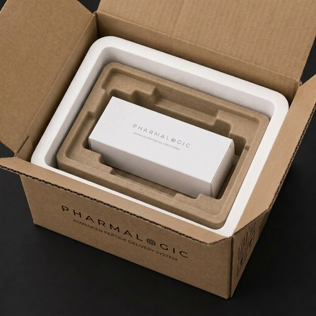 Pharmalogic® cold chain insulated packaging with branded carton and protective foam insert containing a Multidose System box.
