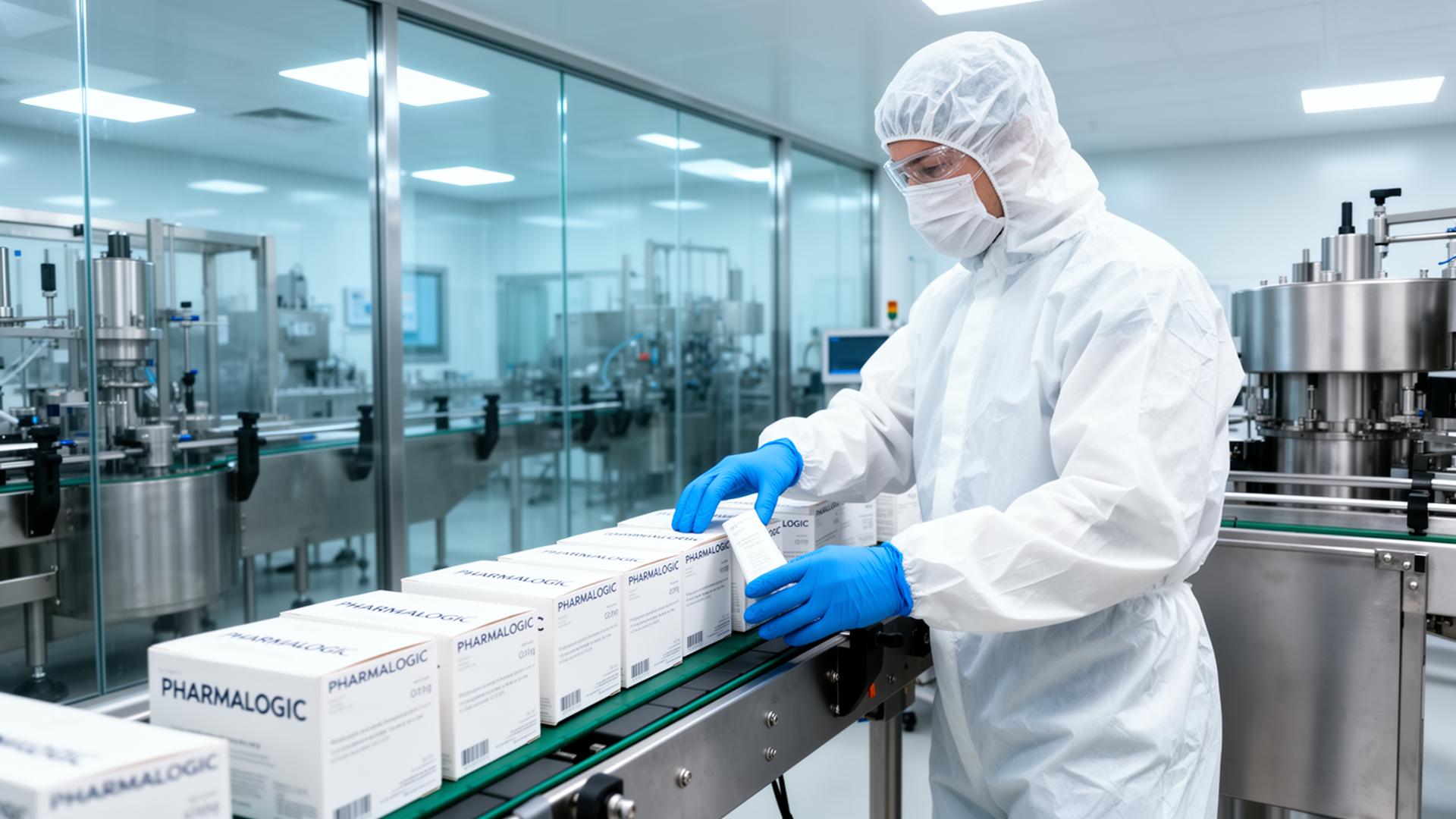 Pharmalogic® clean-room operator in full sterile coverall inspecting branded product boxes on a stainless-steel production line.